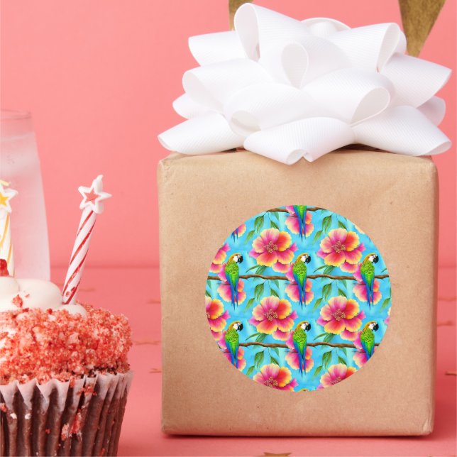 Sticker Rond Motif de perroquet et de fleurs tropicales (Fête)