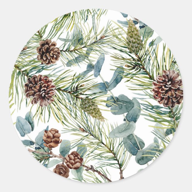 Sticker Rond Motif de pin et de cônes de pin aquarelle Noël (Devant)