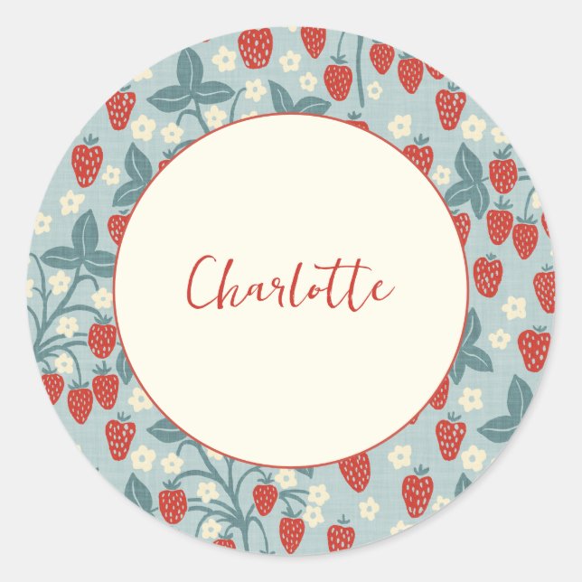 Sticker Rond Motif de plante de fraise vintage avec nom personn (Devant)