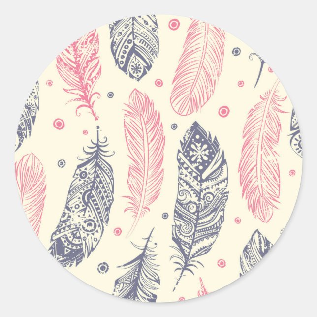 Sticker Rond Motif De Plumes Ethniques Rose Et Violet (Devant)