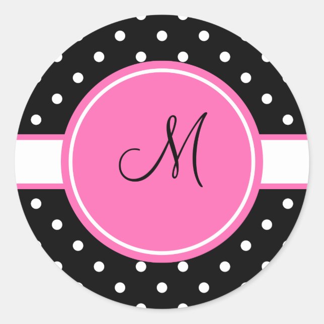 Sticker Rond Motif de point de Polka blanc et noir Monogram (Devant)