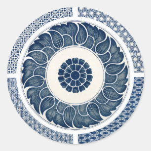 Sticker Rond Motif de porcelaine antique chinoise bleu et blanc