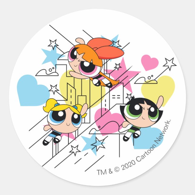 Sticker Rond Motif de Powerpuff Girls Townsville (Devant)