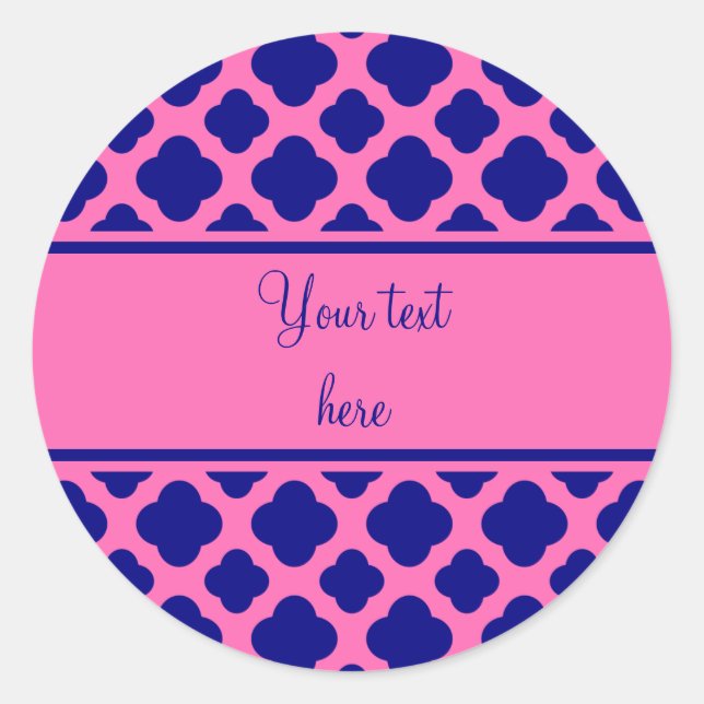 Sticker Rond Motif de Quatrefoil bleu de la Marine et rose chau (Devant)