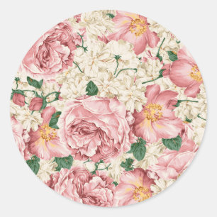 Sticker Rond Motif de rose et d'hortensia à l'aquarelle vintage