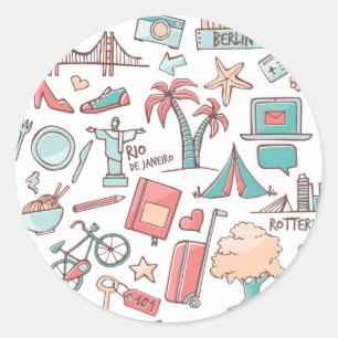 Sticker Rond Motif de touristes en pastel