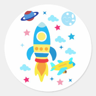 Sticker Rond Motif de vaisseaux spatiaux mignons fusées