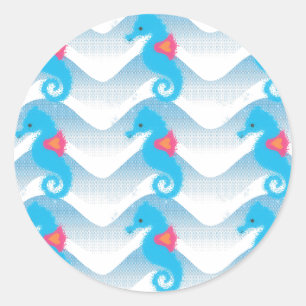 Sticker Rond Motif Des Chevaux De Mer Et Des Vagues Bleues
