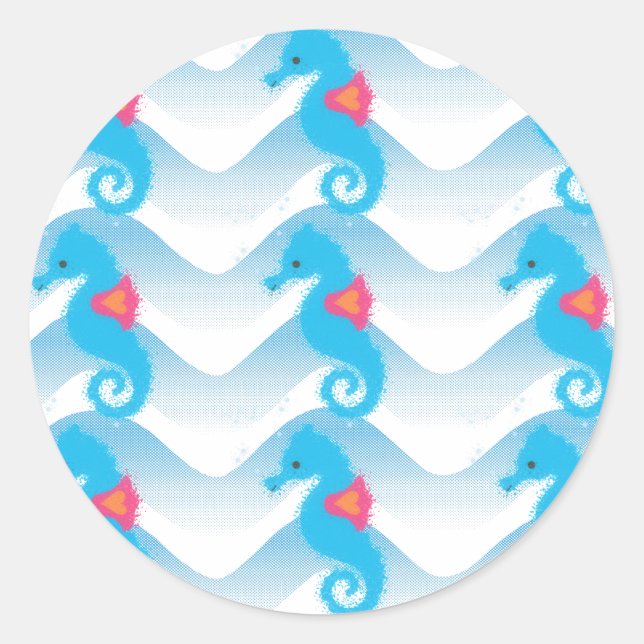 Sticker Rond Motif Des Chevaux De Mer Et Des Vagues Bleues (Devant)