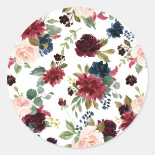 Sticker Rond Motif floral aquarelle bordeaux et bleu de marine