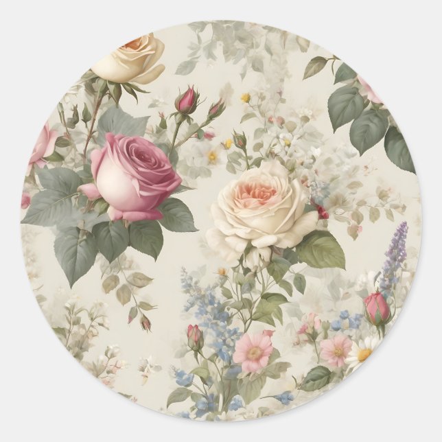 Sticker Rond Motif floral avec Rustique Rose et Fleur sauvage (Devant)