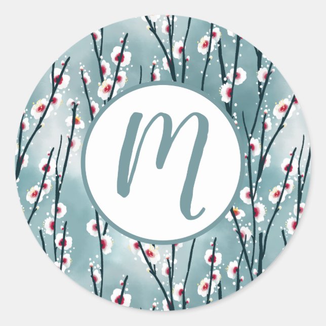 Sticker Rond Motif floral de fleurs de prune de printemps (Devant)