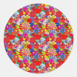 Sticker Rond Motif floral jaune bleu pourpre vert rouge