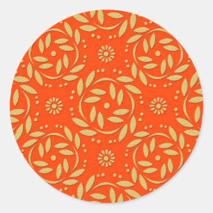 Sticker Rond Motif floral moderne orange et or