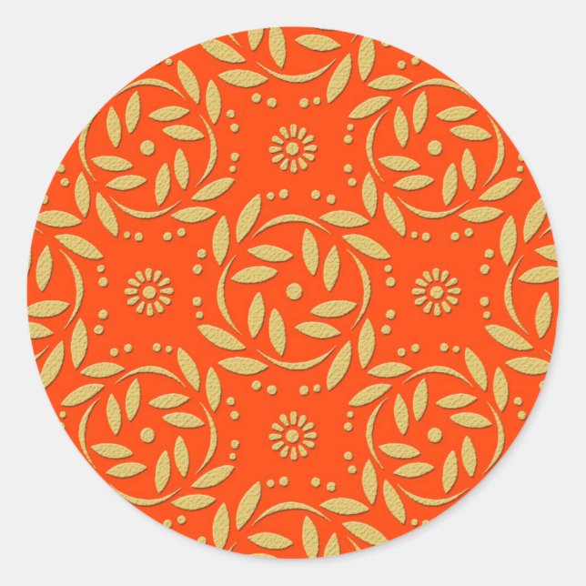 Sticker Rond Motif floral moderne orange et or (Devant)