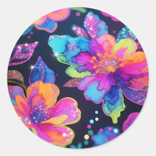 Sticker Rond Motif floral pailleté néon