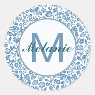 Sticker Rond Motif floral personnalisé bleu blanc vintage