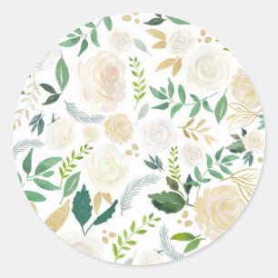 Sticker Rond Motif floral romantique ivoire et verdure Blanc