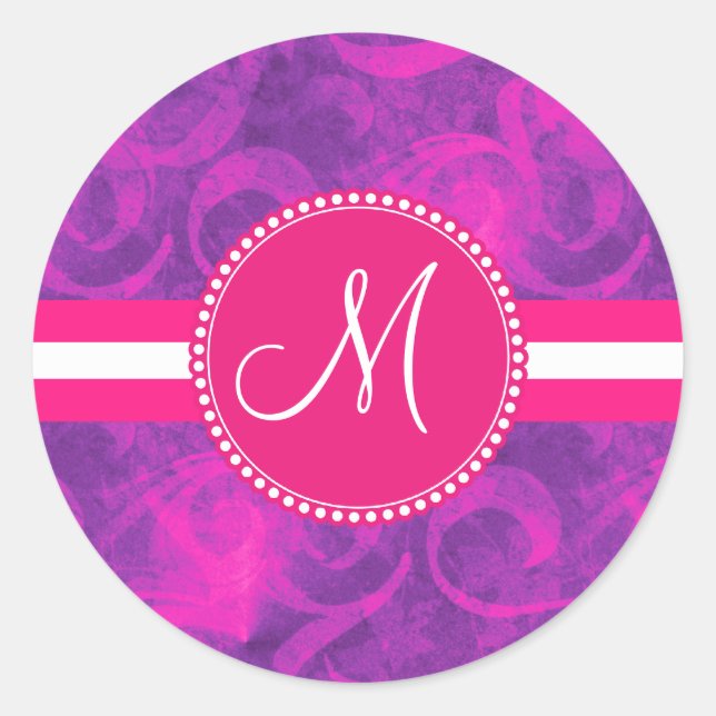Sticker Rond Motif floral rose violet monogramme (Devant)