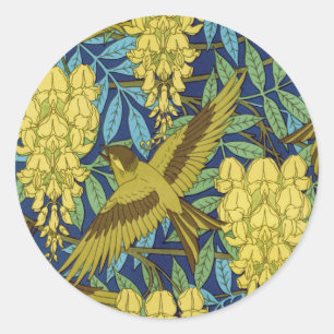Sticker Rond Motif floral vintage bleu marine et jaune