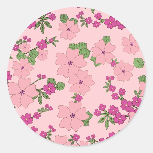 Sticker Rond Motif floral, violet et violet pastel, (Devant)