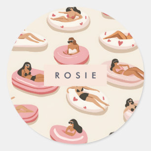 Sticker Rond Motif flottant de piscine d'été personnalisé Monog