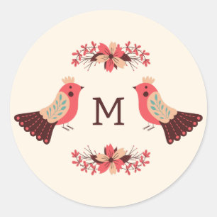 Sticker Rond Motif folklorique scandinave avec oiseaux et fleur