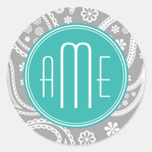 Sticker Rond Motif gris floral chic de Paisley et monogramme