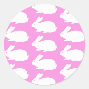 Sticker Rond Motif lapin blanc sur rose