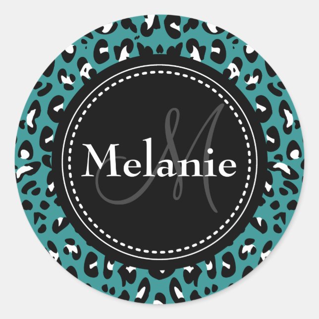 Sticker Rond Motif Léopard noir Turquoise monogramme (Devant)