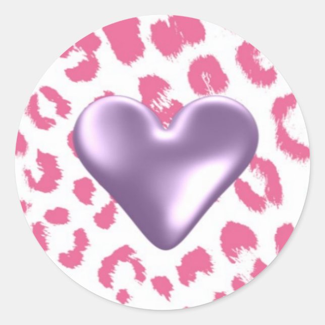 Sticker Rond Motif léopard rose avec chevalet de coeur violet (Devant)