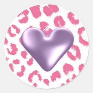 Sticker Rond Motif léopard rose avec chevalet de coeur violet
