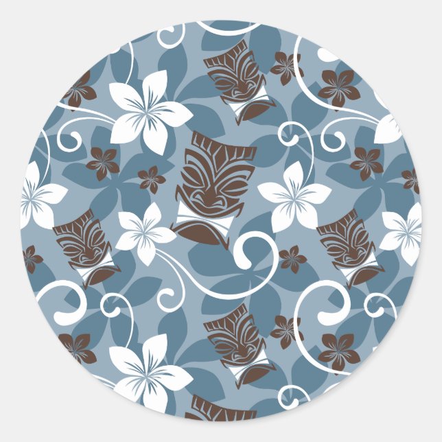 STICKER ROND MOTIF LUAU TIKI (BLEU) (Devant)