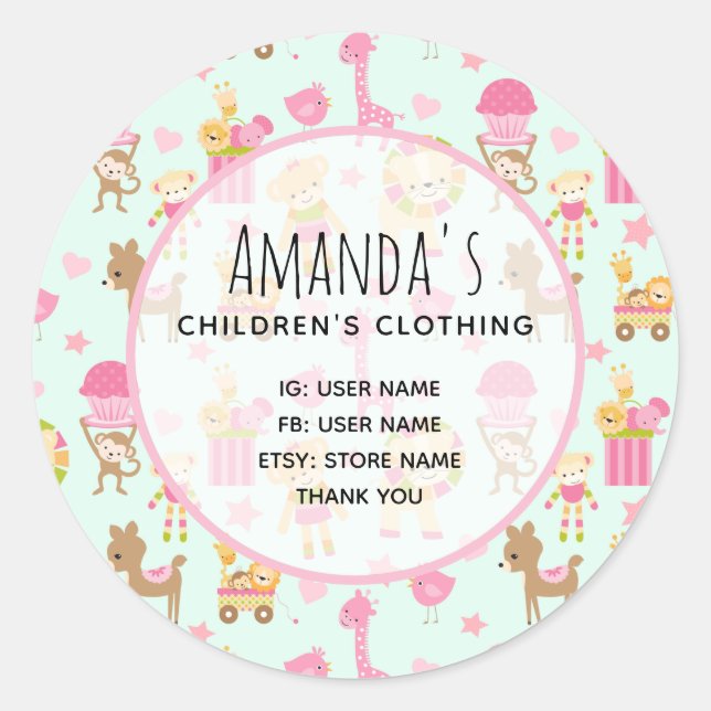 Sticker Rond Motif mignon avec Happy Animals & Toys Business (Devant)