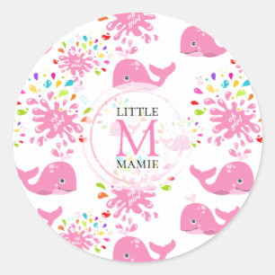 Sticker Rond Motif Monogramme de baleine rose à eau colorée