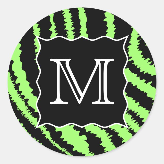 Sticker Rond Motif Monogramme Lime vert et noir Zèbre (Devant)