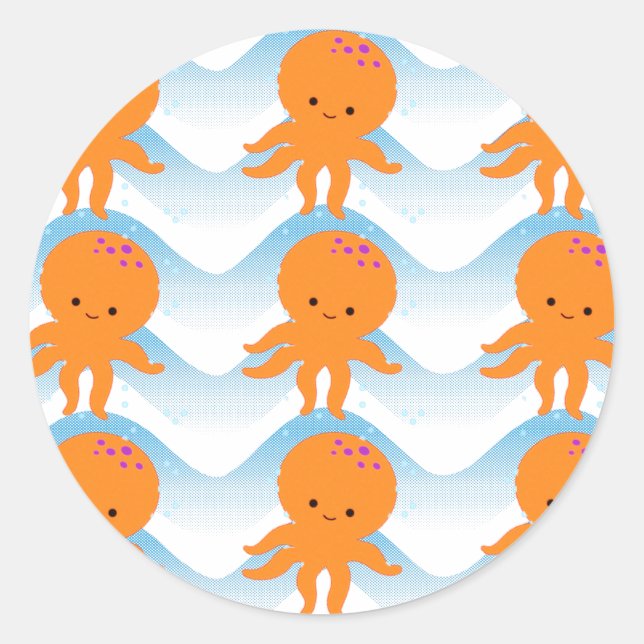 Sticker Rond Motif Octopus Orange Et Vagues Bleues (Devant)