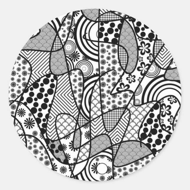 Sticker Rond Motif Patchwork Noir & Blanc 02 (Devant)