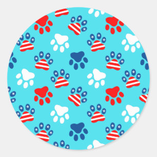Sticker Rond Motif Patriotique Rouge Blanc et Bleu Chien Paws