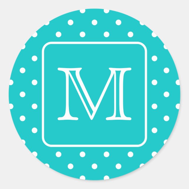 Sticker Rond Motif Polka turquoise et blanc. Monogramme personn (Devant)