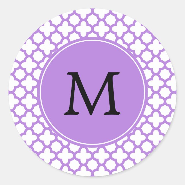 Sticker Rond Motif Quatrefoil Monogram Lavender (Devant)