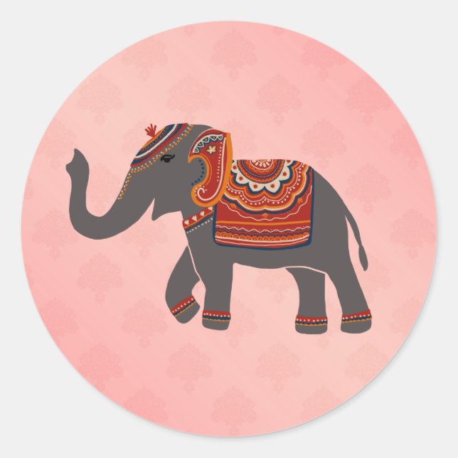 Sticker Rond Motif rose damassé Eléphant indien  (Devant)
