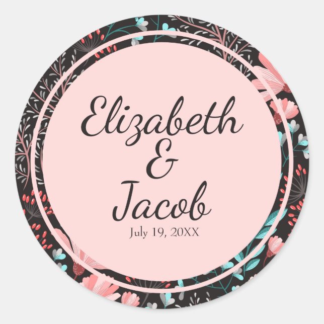 Sticker Rond Motif rose et Turquoise floral foncé (Devant)