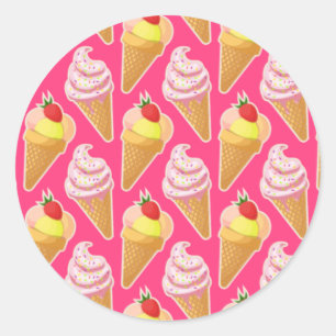 Sticker Rond Motif rose Kawaii avec crème glacée aux fraises