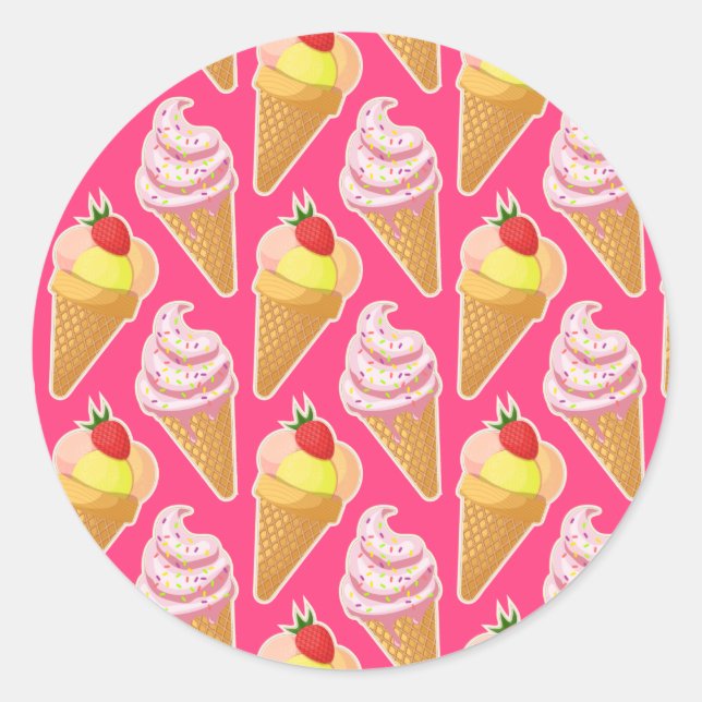 Sticker Rond Motif rose Kawaii avec crème glacée aux fraises (Devant)