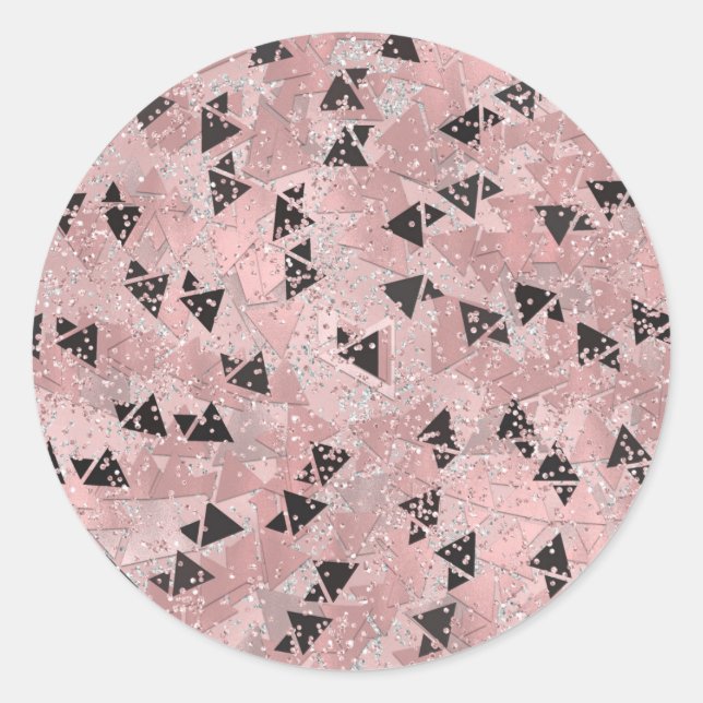 Sticker Rond Motif Rose rose or et triangles noir (Devant)