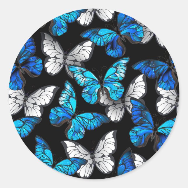 Sticker Rond Motif sans couleur foncée avec papillons bleus Mor (Devant)