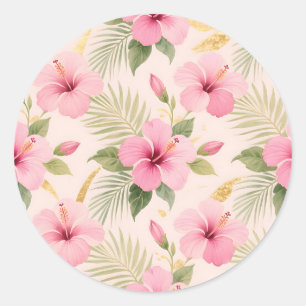 Sticker Rond Motif sans couture à l'hibiscus rose tropical
