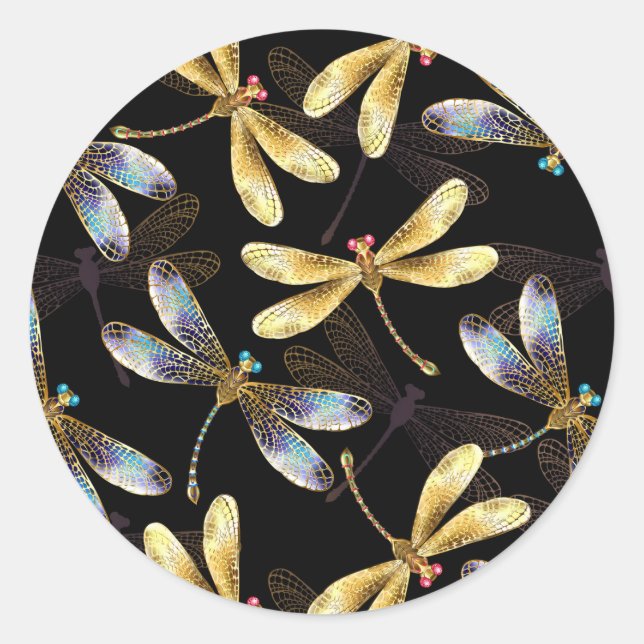 Sticker Rond Motif sans couture avec libellules d'or (Devant)