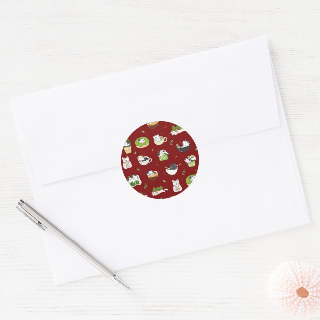 Sticker Rond Motif sans couture de chat au matcha Kawaii (Enveloppe)